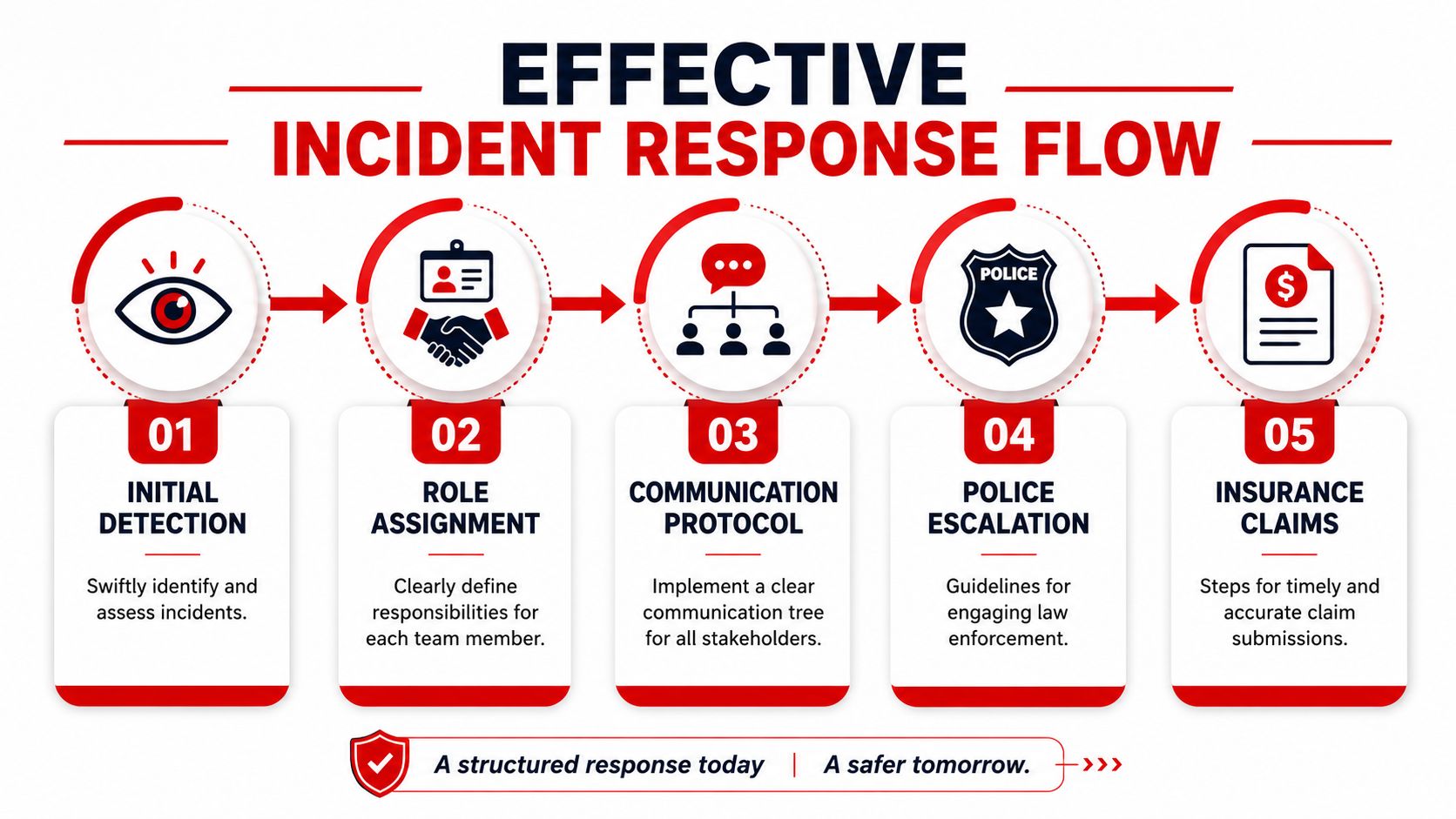 7 Retail Security Procedures: Safeguard Your Store 2026 4 A flowchart showing five steps for an effective incident response process from detection to insurance claims.
