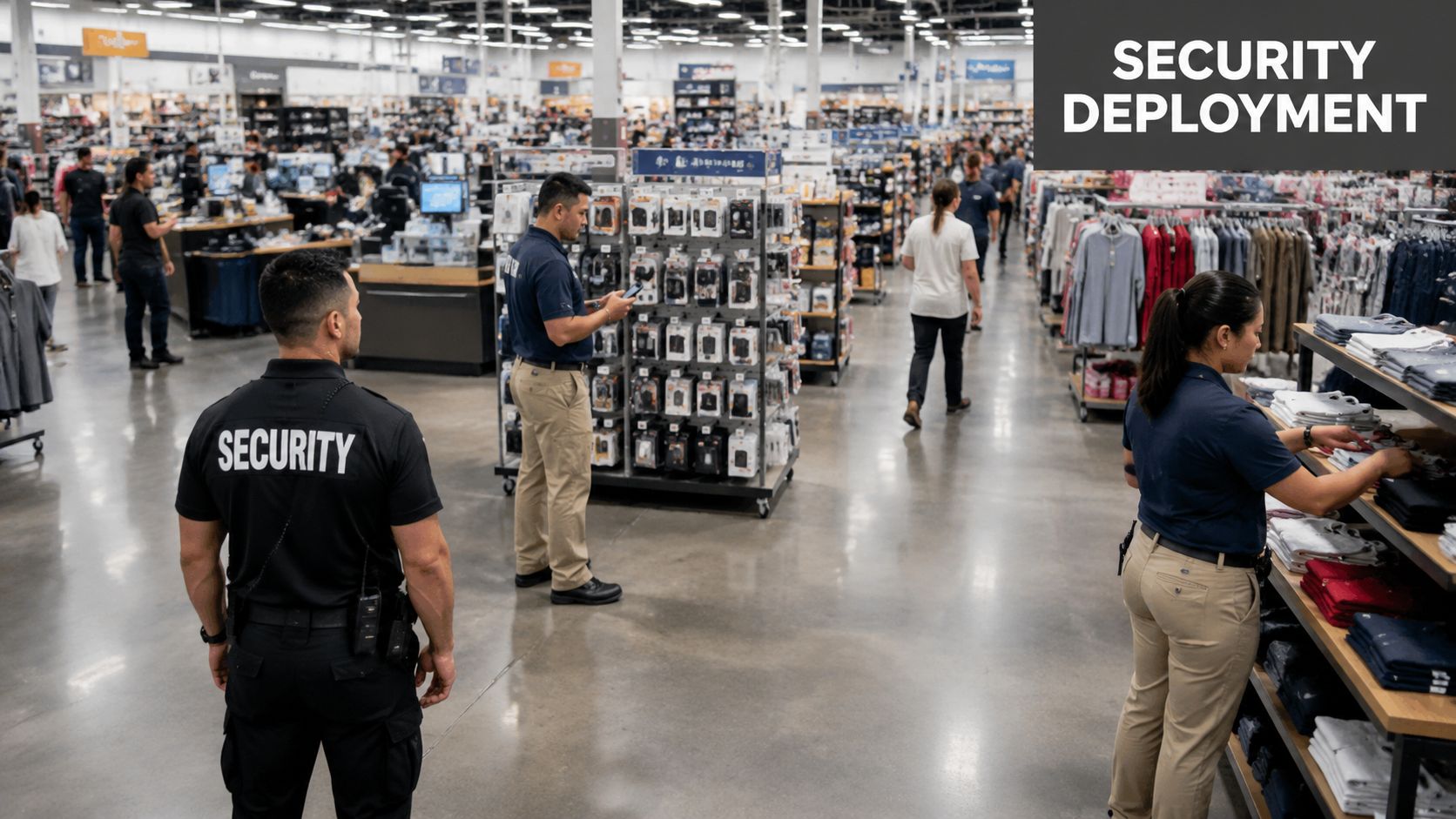7 Retail Security Procedures: Safeguard Your Store 2026 2 Security personnel patrolling a retail store, with staff observing and organizing clothing items on display shelves.