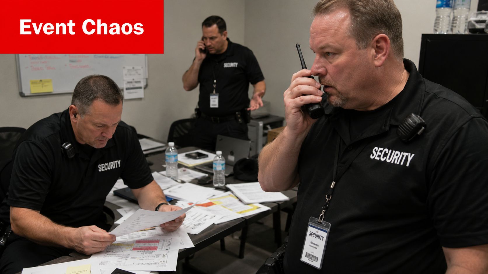 Security Event Information Management System 1 Three security personnel coordinating event logistics and managing communication while reviewing documents in an office setting.