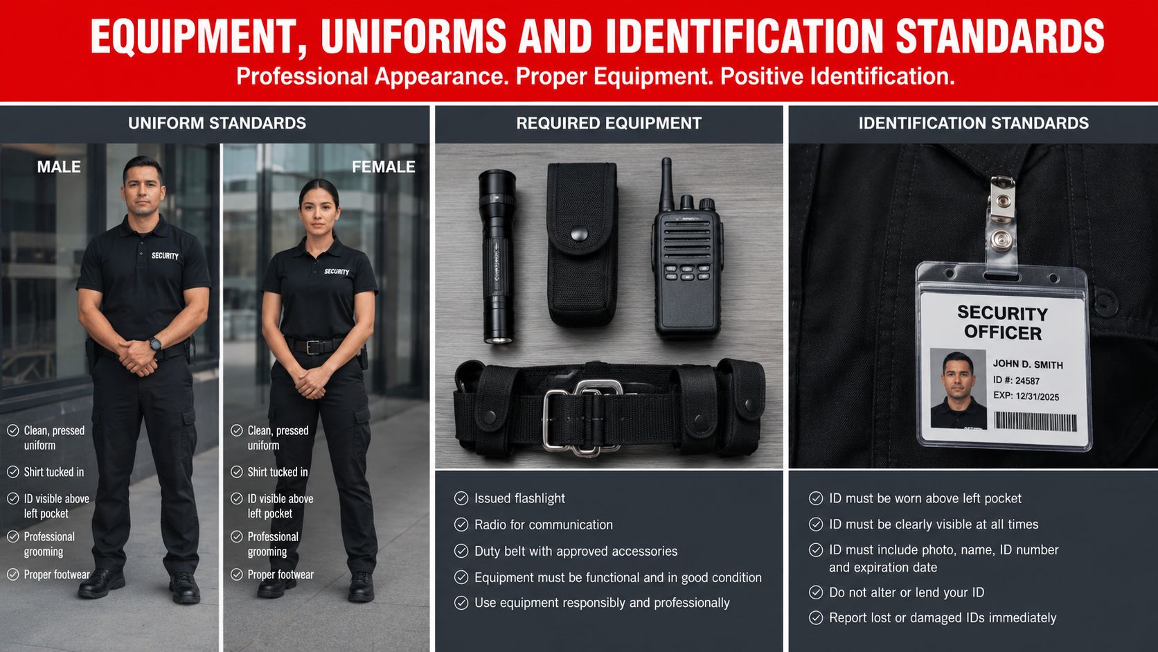 A professional infographic displaying security guard uniform, equipment, and identification standards for workplace compliance and safety.