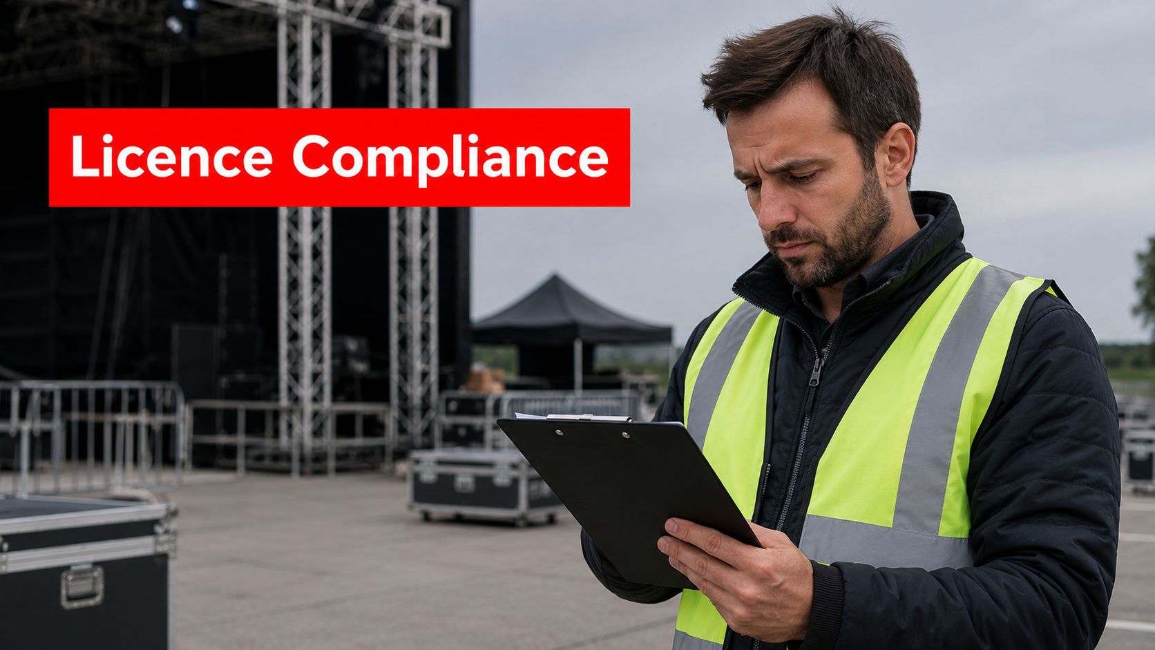 State Security Licence Requirements: Avoid Penalties 1 A safety officer in a high-visibility vest reviews a clipboard in front of a concert stage.