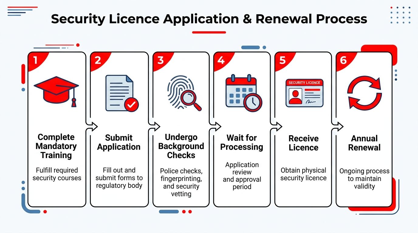 State Security Licence Requirements: Avoid Penalties 3 A six-step infographic detailing the mandatory process for applying for and renewing a security licence.