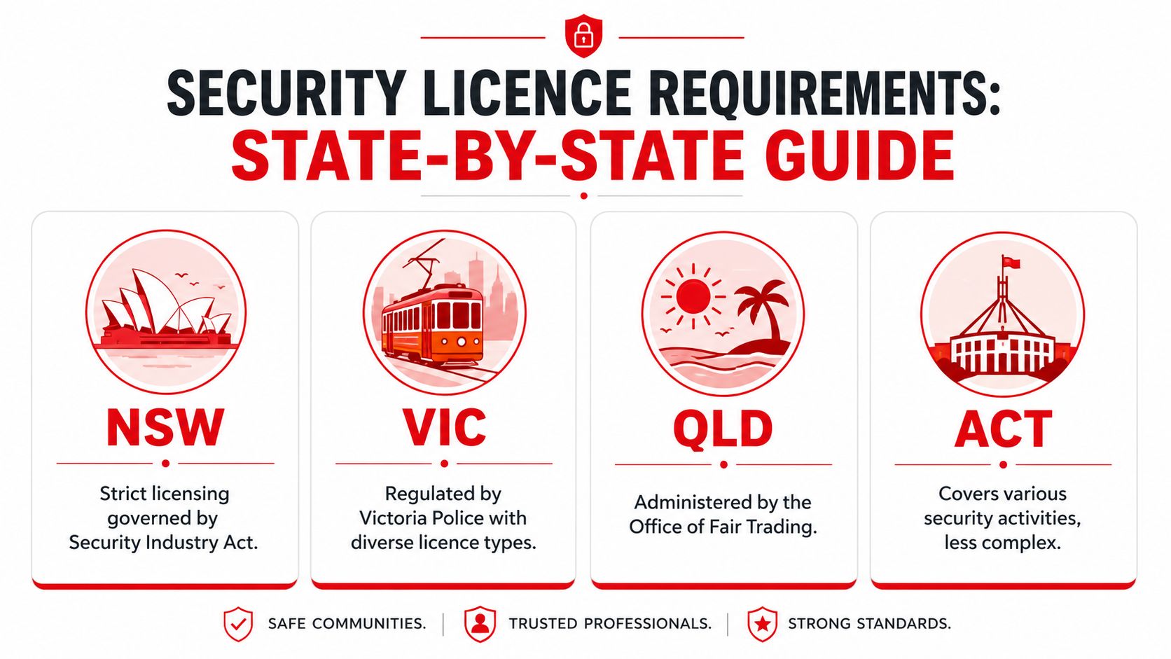 State Security Licence Requirements: Avoid Penalties 2 An infographic showing security licence requirements across Australian states like NSW, VIC, QLD, and the ACT.