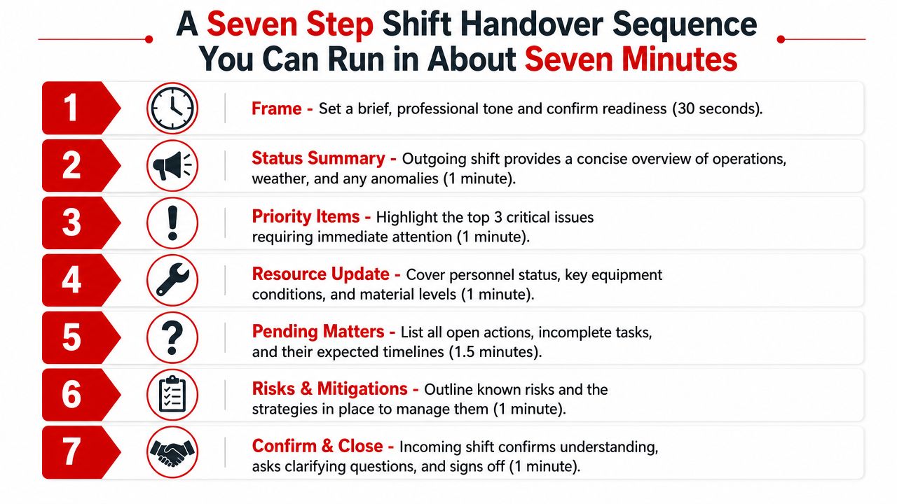 A checklist infographic illustrating a seven step shift handover process that takes seven minutes to complete.