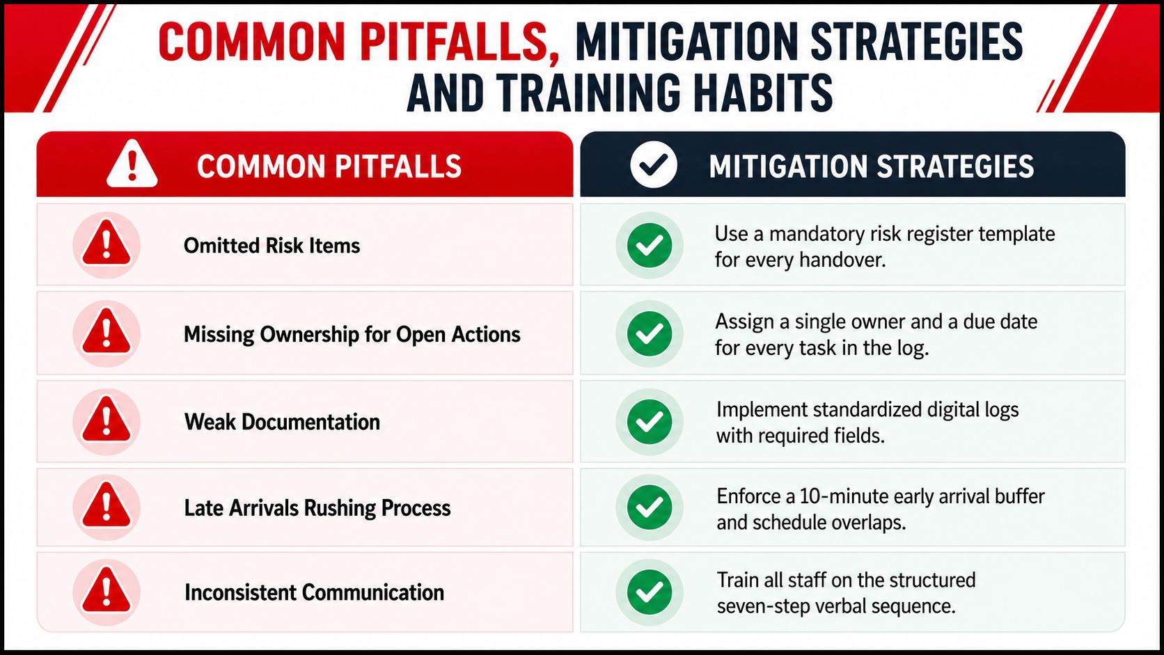 A chart detailing common pitfalls in shift handovers and corresponding mitigation strategies for improved communication.