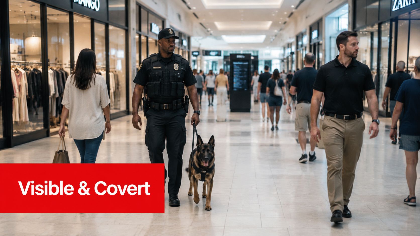 11 Unbeatable Shopping Mall Security Procedures for Ultimate Safety in 2026 2 A security officer with a K-9 dog patrols a bright and busy indoor shopping mall corridor.