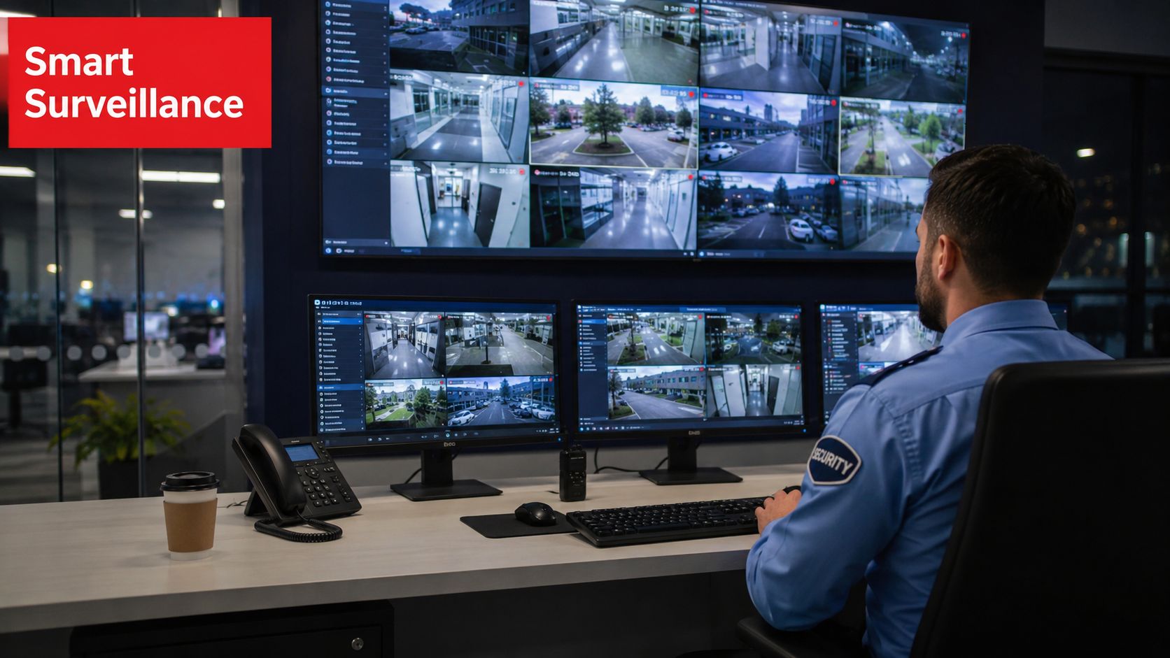 11 Unbeatable Shopping Mall Security Procedures for Ultimate Safety in 2026 3 A security guard monitors multiple surveillance screens showing real-time footage of building and parking areas.