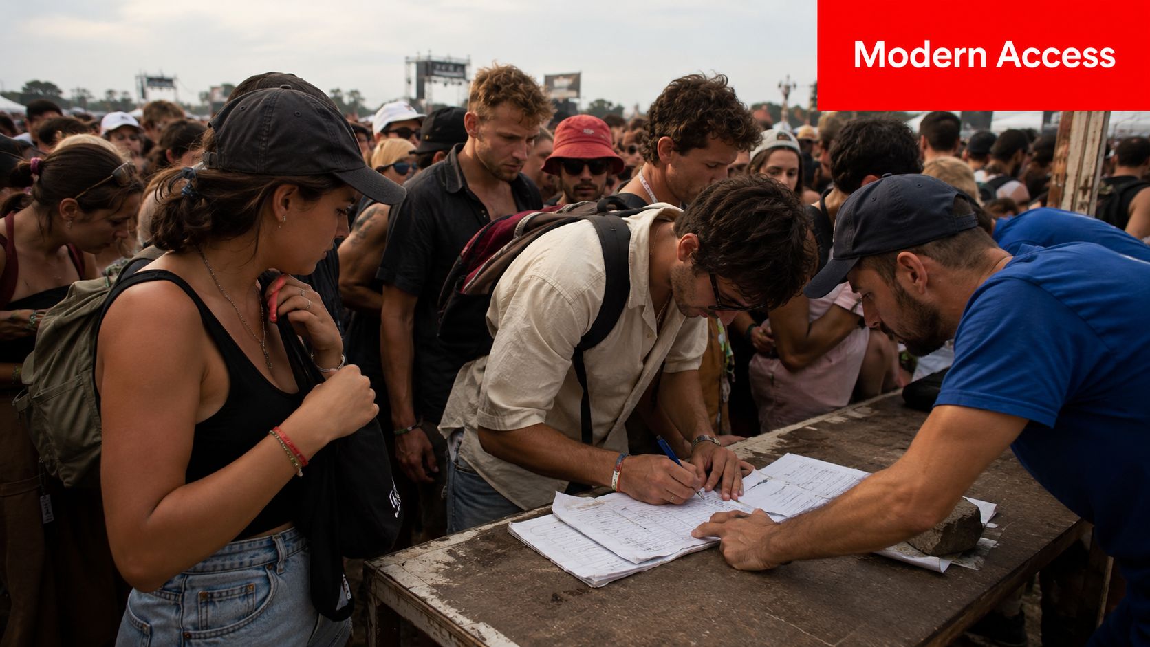Visitor Management Systems: 2026 Ultimate Guide 1 A person signing a form at an outdoor music festival with staff member assisting.