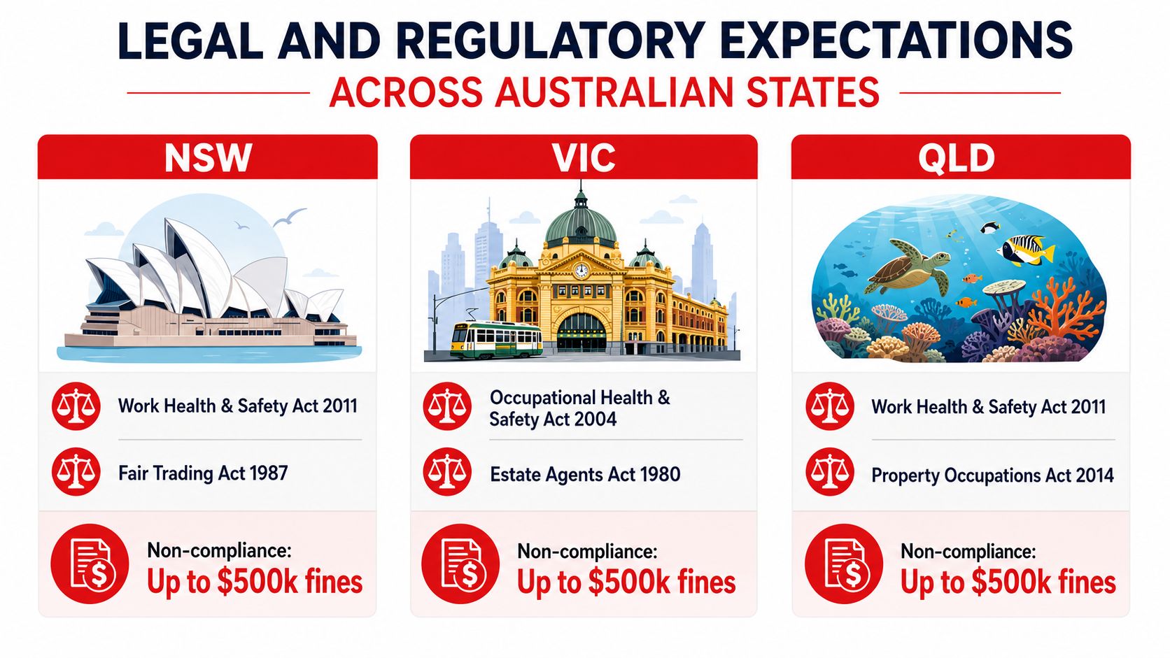 What Is Professional Conduct: 7 Rules for Australian 1 A comparison chart showing legal and regulatory safety and trading acts across Australian states with fine amounts.