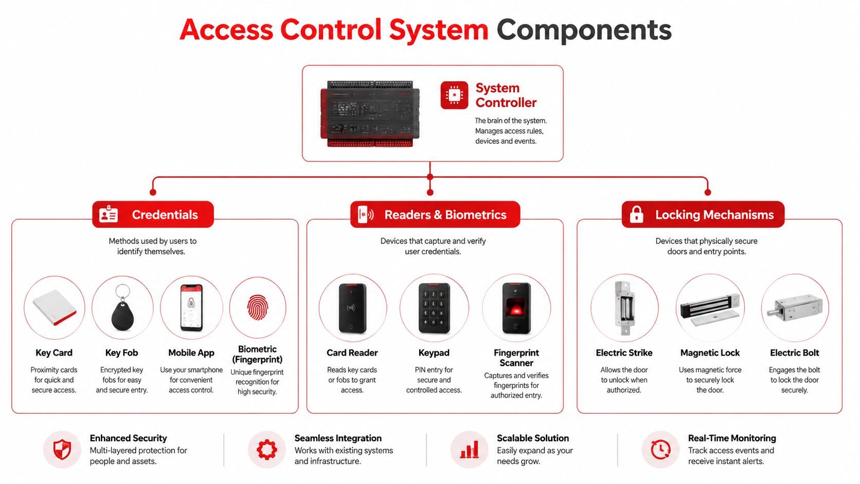 Access Control Installation: 7 Steps to Secure Your Site 2 A diagram illustrating the essential components of an access control system, including controllers, readers, and locks.