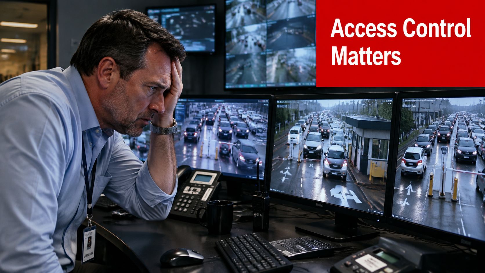 Access Control Installation: 7 Steps to Secure Your Site 1 A stressed security officer watching multiple CCTV screens showing heavy traffic at a gate access point.