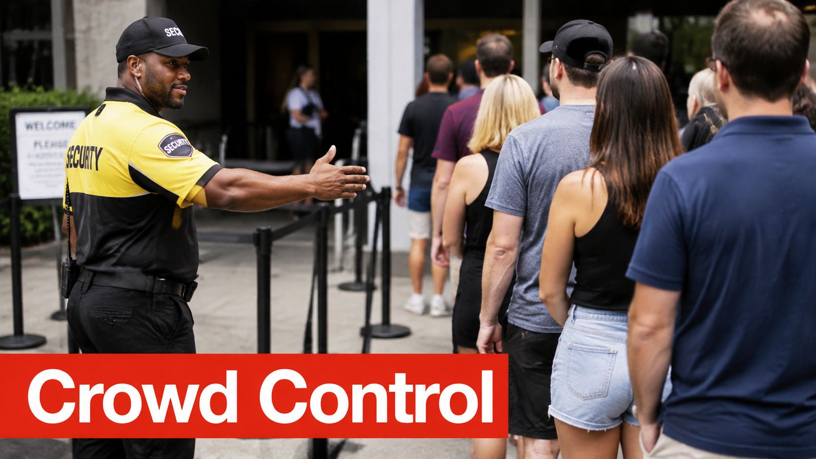 7 Benefits of Security Guards for Safer Growth 3 A professional security guard guiding a line of people waiting to enter a building venue.