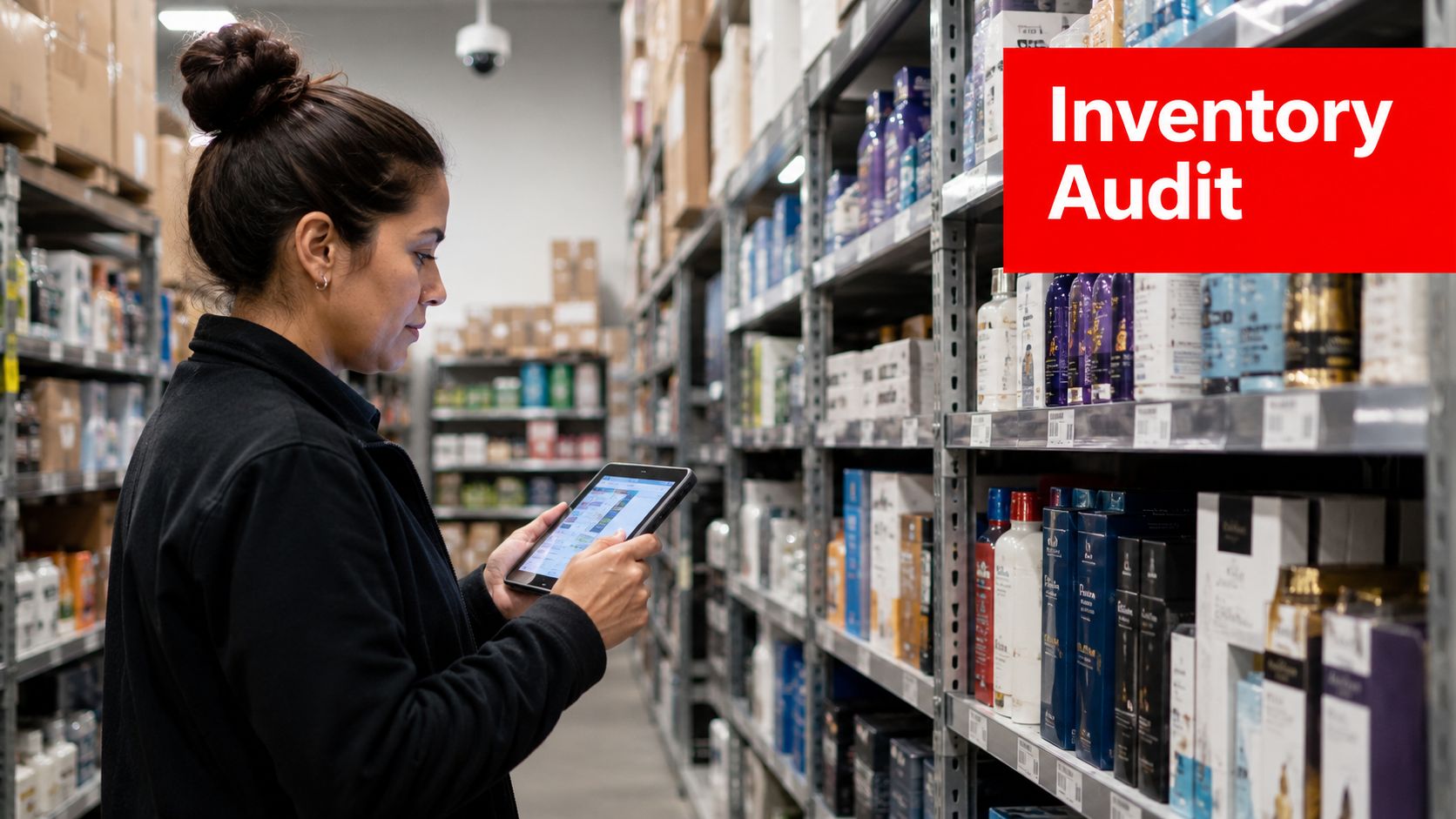 8 Loss Prevention Audit Checklist Essentials 1 A store employee performing an inventory audit of stock on warehouse shelves using a tablet computer.