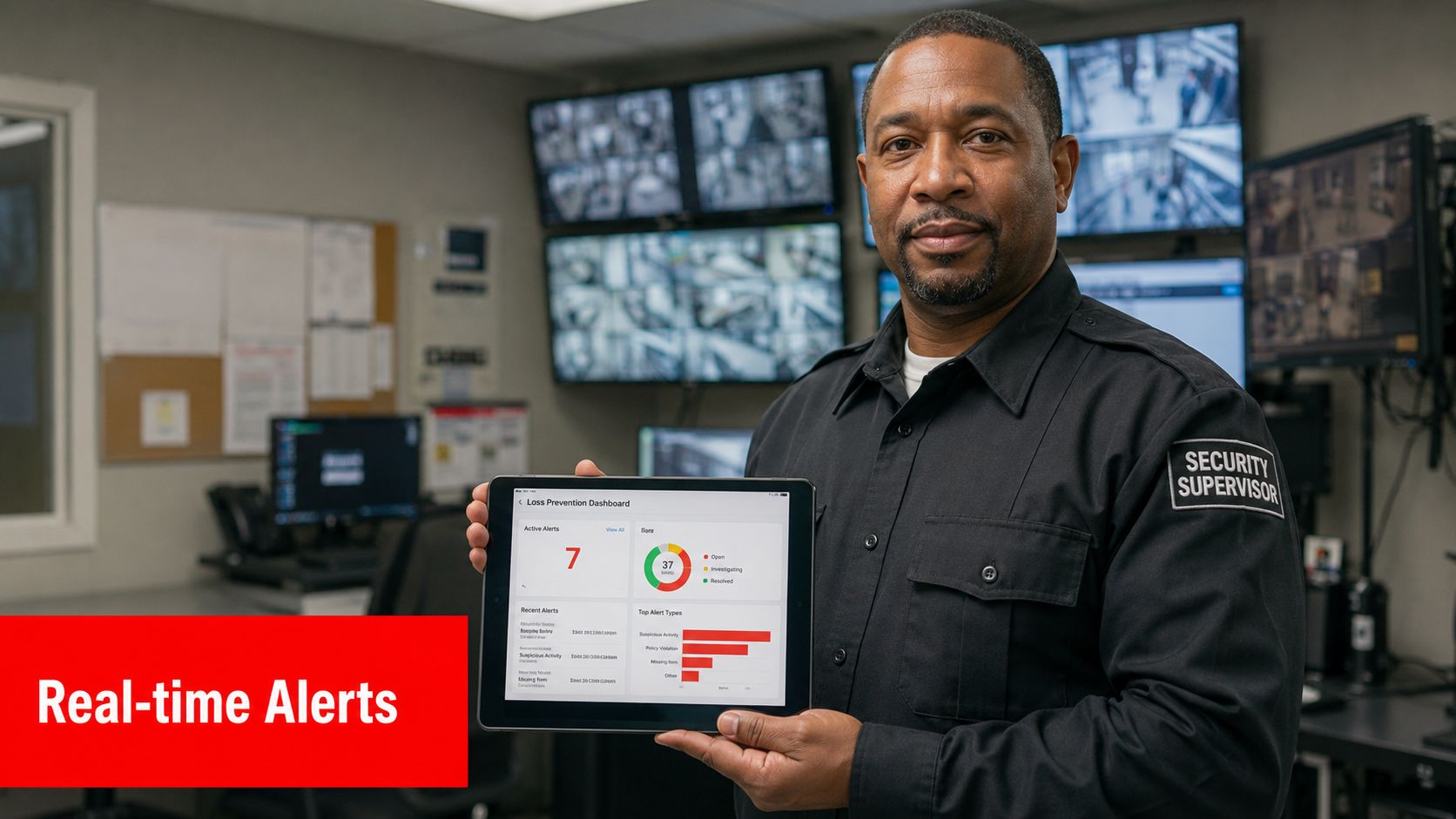 8 Loss Prevention Audit Checklist Essentials 2 A security supervisor holding a tablet showing a loss prevention dashboard with real-time alert analytics.