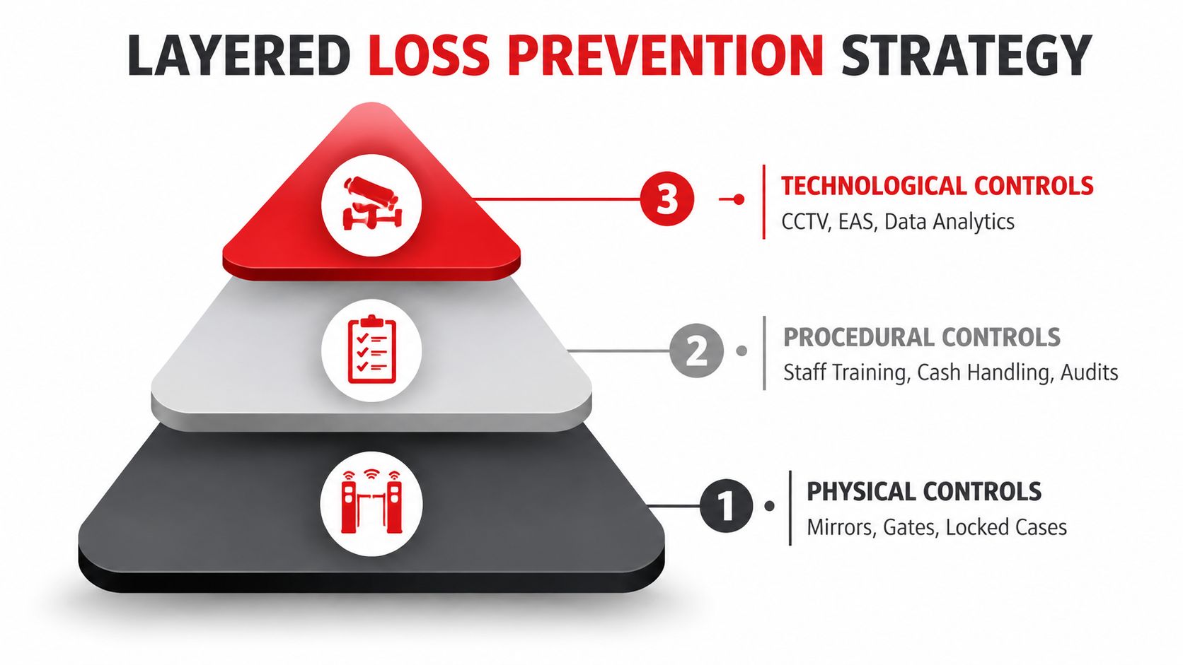 Loss Prevention in Retail Stores: 7 Proven Strategies 3 A pyramid diagram showing a three-layered loss prevention strategy featuring physical, procedural, and technological controls.