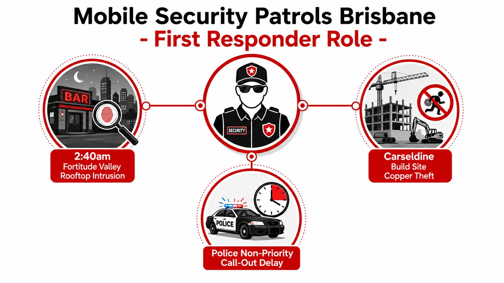 Mobile Security Patrols Brisbane: 7 Reasons They Work 1 An infographic illustrating mobile security patrol roles in Brisbane, featuring building intrusion, theft incidents, and police response.