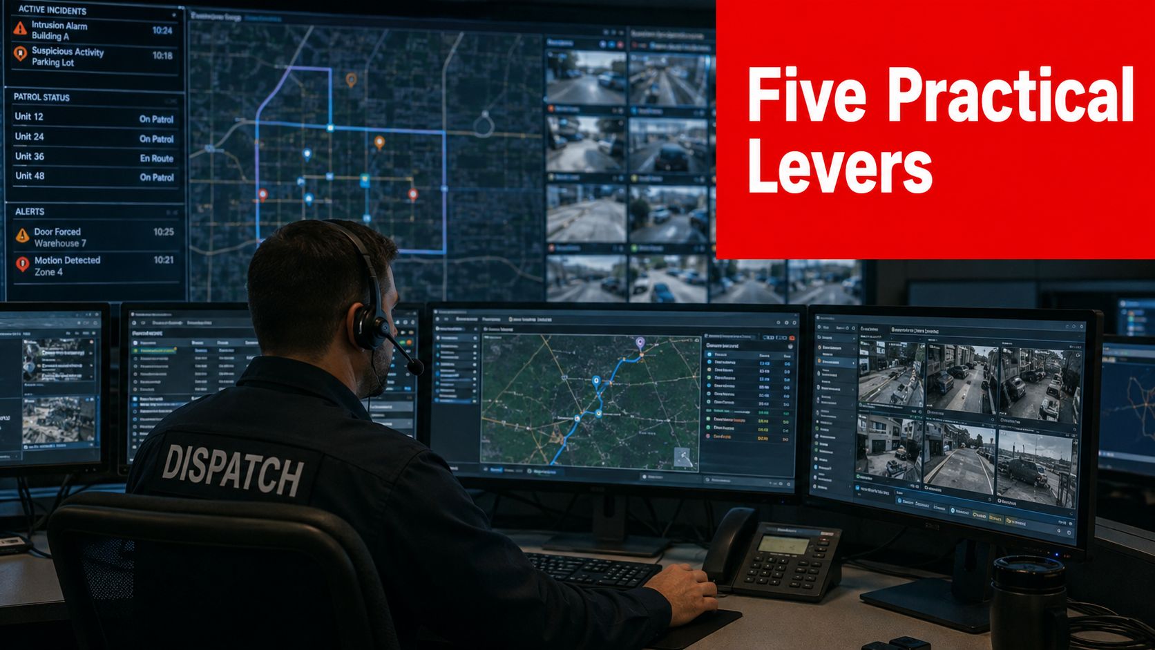 Operational Efficiency in Security: 7 Proven Strategies 3 A security dispatcher works in a high-tech control center monitoring various surveillance feeds and location maps.