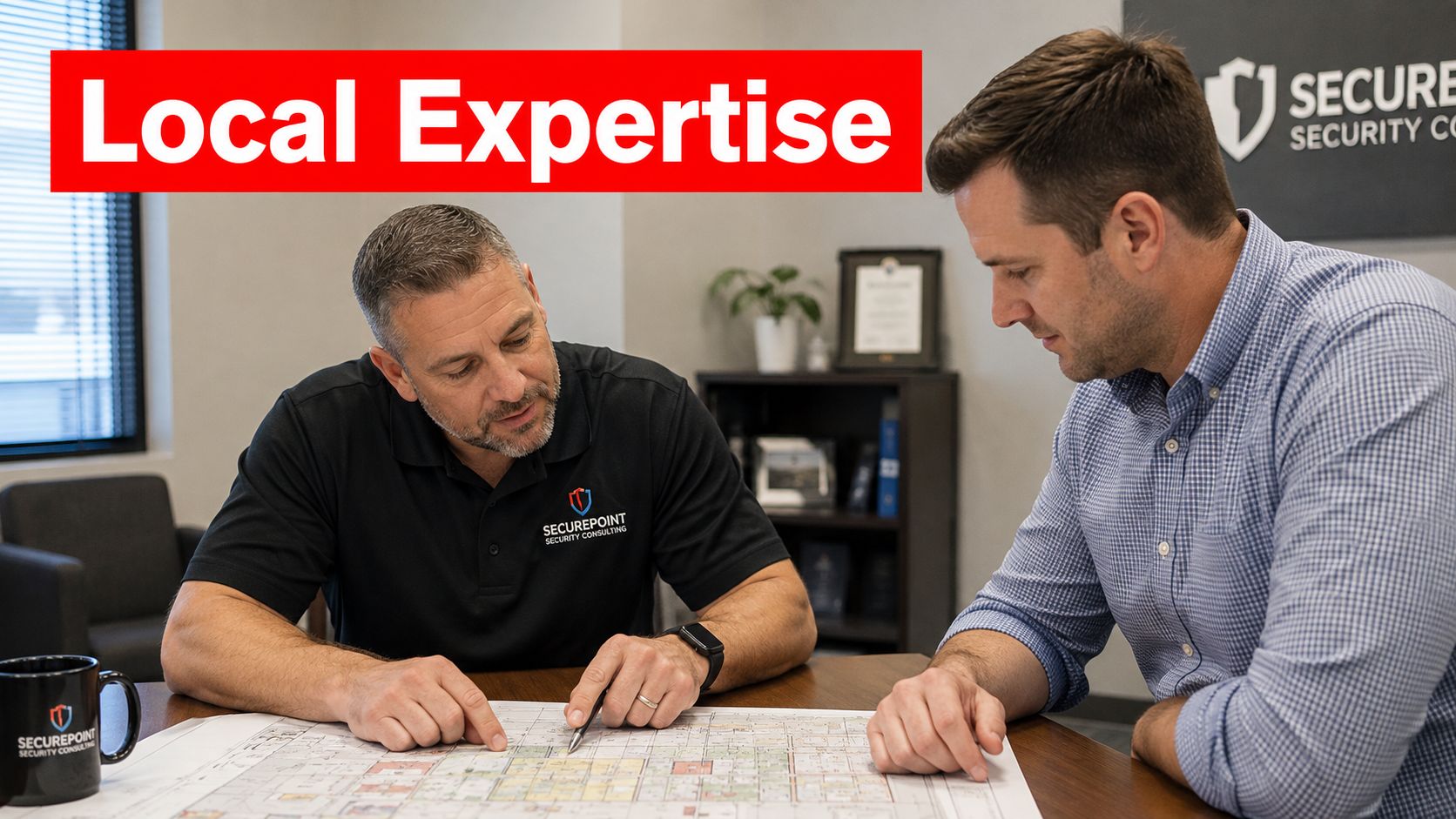 7 Regional Security Services That Actually Work in 2026 2 A professional security consultant discussing floor plan details with a client in a modern office setting.