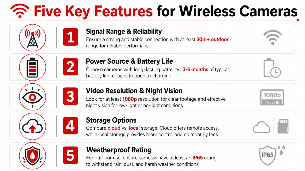 An infographic illustrating five key features to consider when purchasing a wireless security camera system.