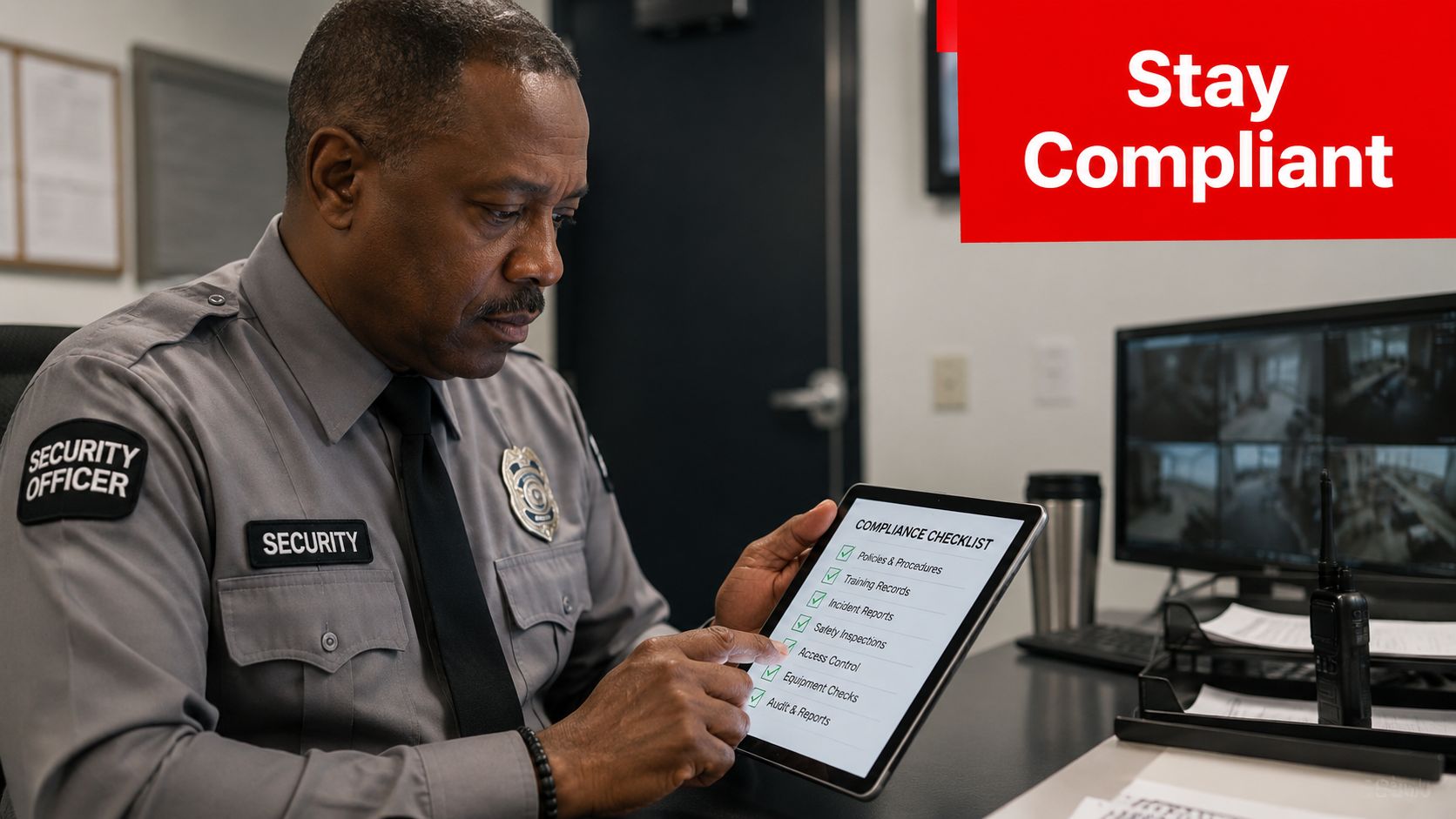 Security Guard License NSW: 7 Steps to Get Licensed in 2026 4 A professional security officer reviews a digital compliance checklist on a tablet in an office setting.