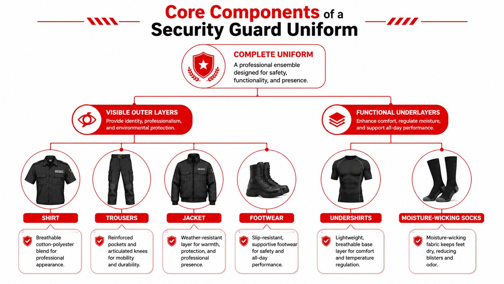 A diagram outlining the essential components of a security guard uniform, including outer layers and functional underlayers.