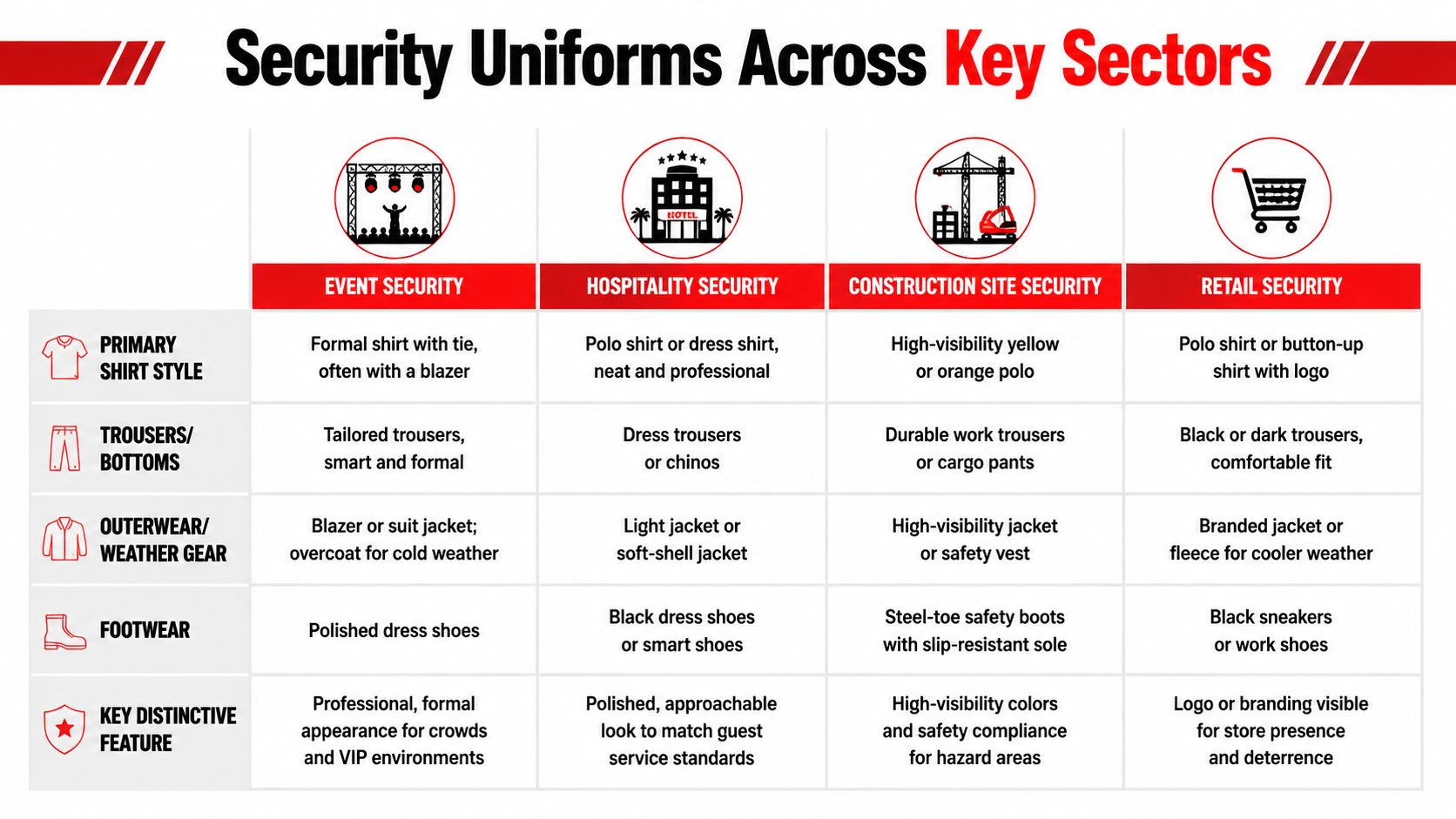 A comparison chart showing typical security guard uniform requirements across event, hospitality, construction, and retail industry sectors.