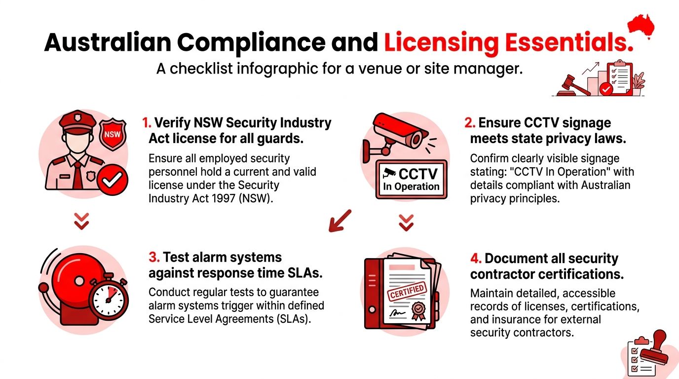 7 Security Systems for Business Every Owner Needs in 2026 3 A checklist infographic illustrating four essential security compliance and licensing steps for Australian venue managers.