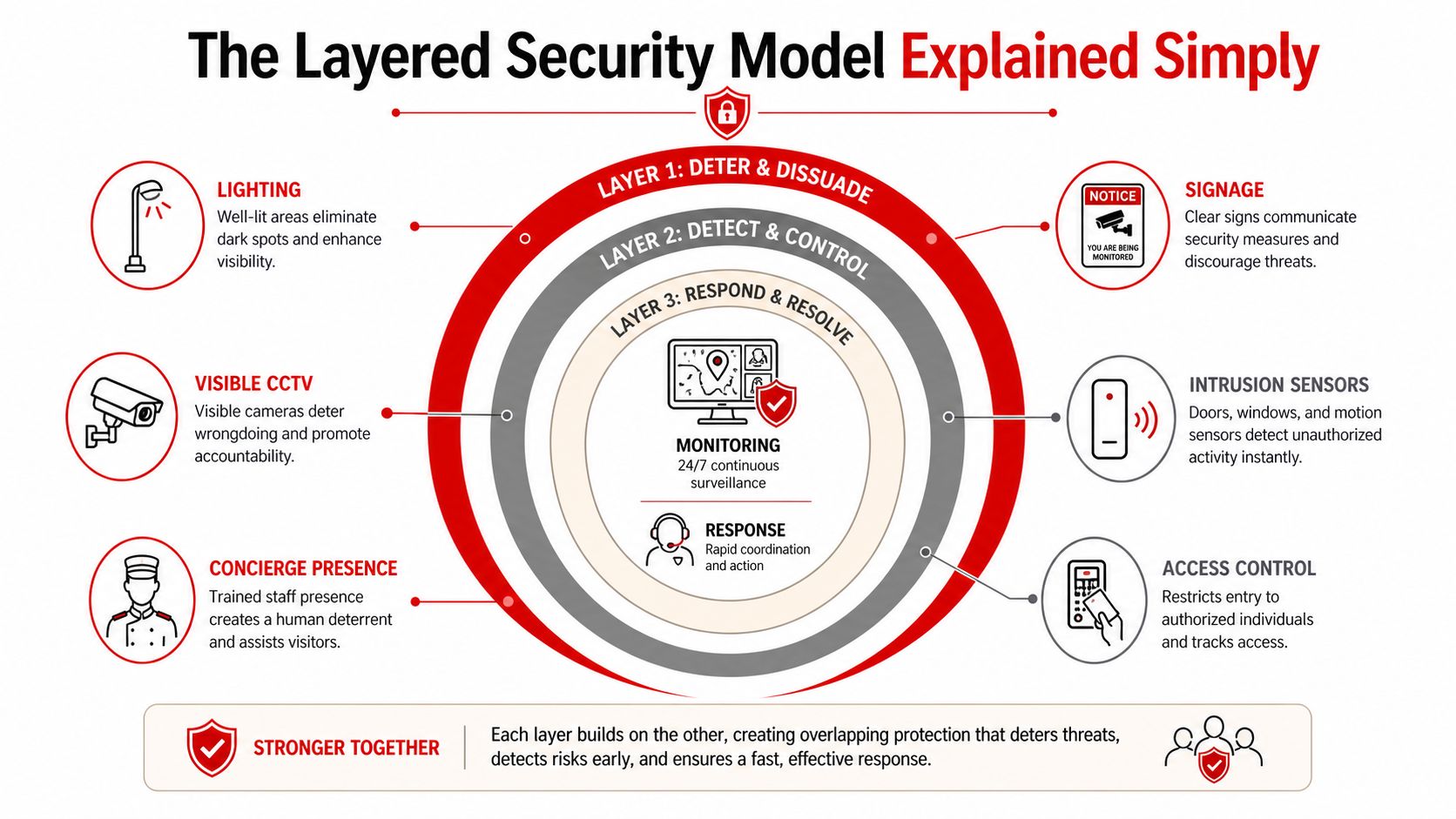 7 Security Systems for Business Every Owner Needs in 2026 2 A diagram illustrating a three-layered security model for businesses, showcasing deterrents, detection methods, and response strategies.