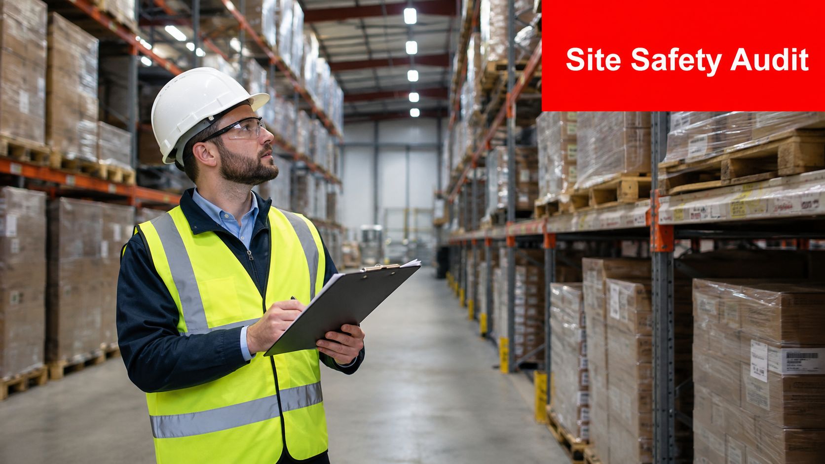 Your Ultimate Site Safety Audit Checklist: 7 Key Templates 1 A professional inspector wearing a hard hat and safety vest performs a site safety audit in a warehouse.