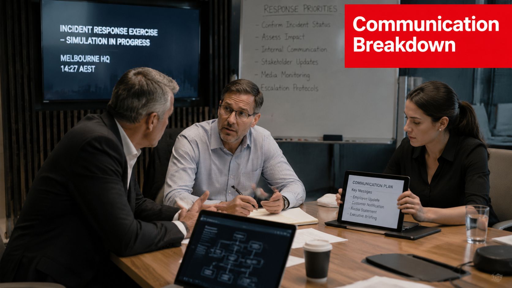 A professional team discussing a communication plan during an incident response simulation in a corporate office setting.