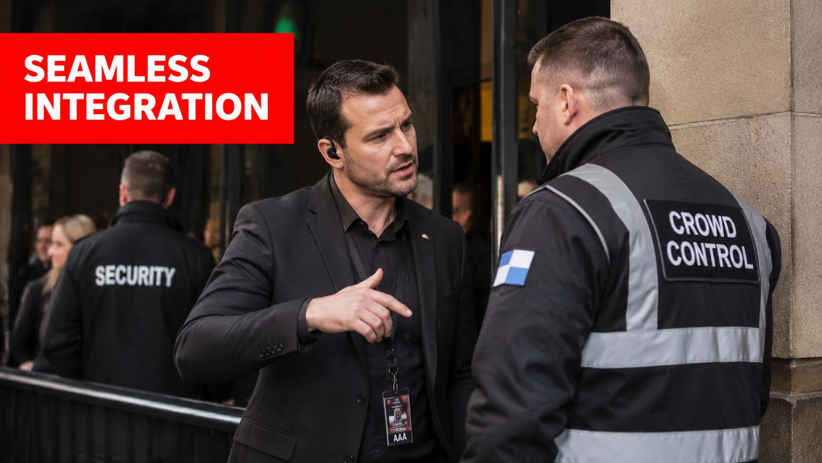 A professional security detail coordinator speaking with a crowd control officer during a high-profile event.