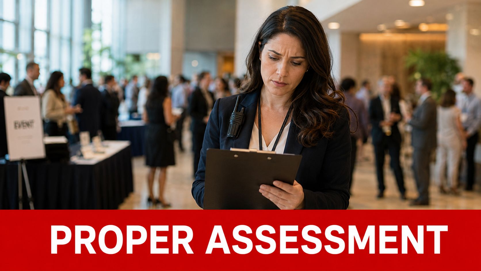 A professional security officer reviewing a clipboard at a busy conference with attendees in the background.
