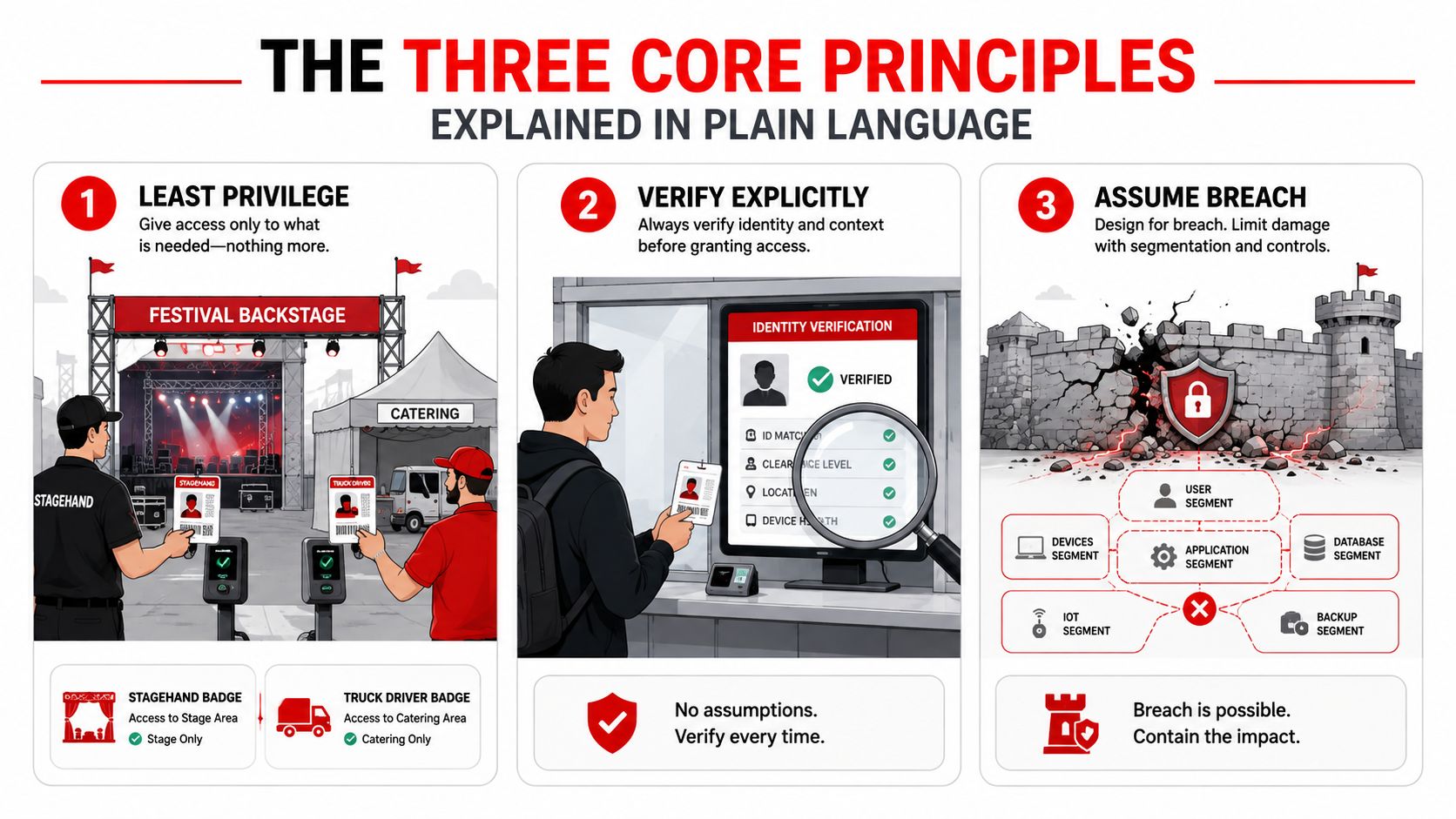 Zero Trust Access Control: 7 Proven Ways to Secure Events 2 An infographic explaining the three core principles of zero trust: least privilege, verify explicitly, and assume breach.