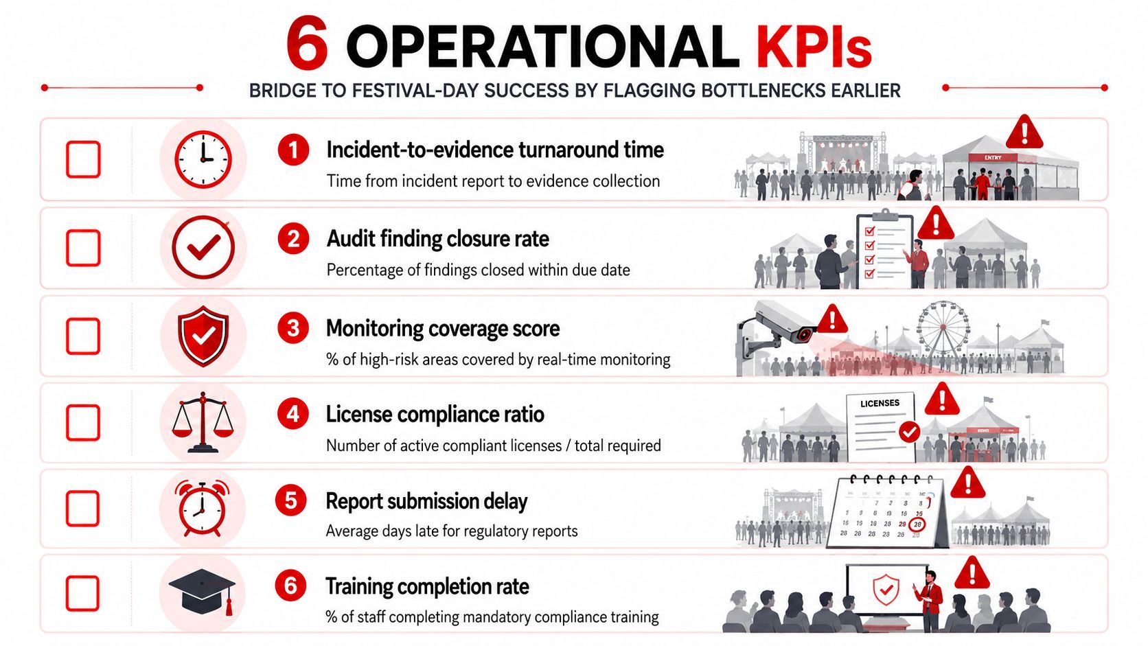Compliance Monitoring in Australia: 7 Essential Insights 3 An infographic showing six operational KPIs for festival-day success by identifying and monitoring compliance bottlenecks.