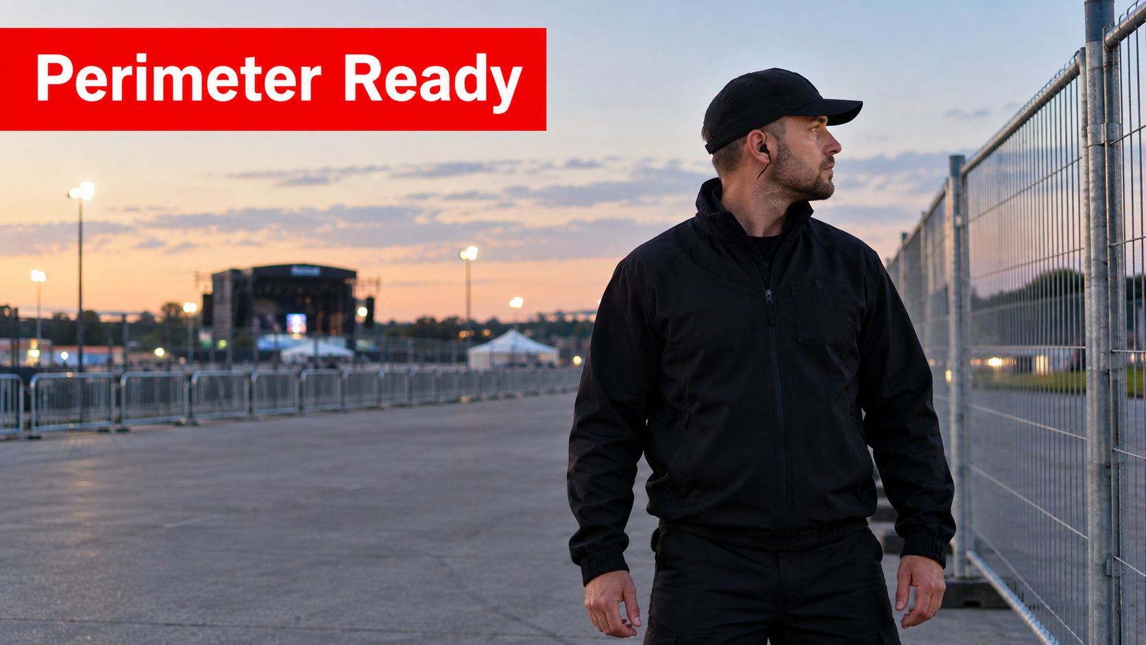 7 Concert Security Guard Strategies for Safe Events 3 A professional security guard keeping watch over a fenced perimeter at an outdoor concert venue at sunset.
