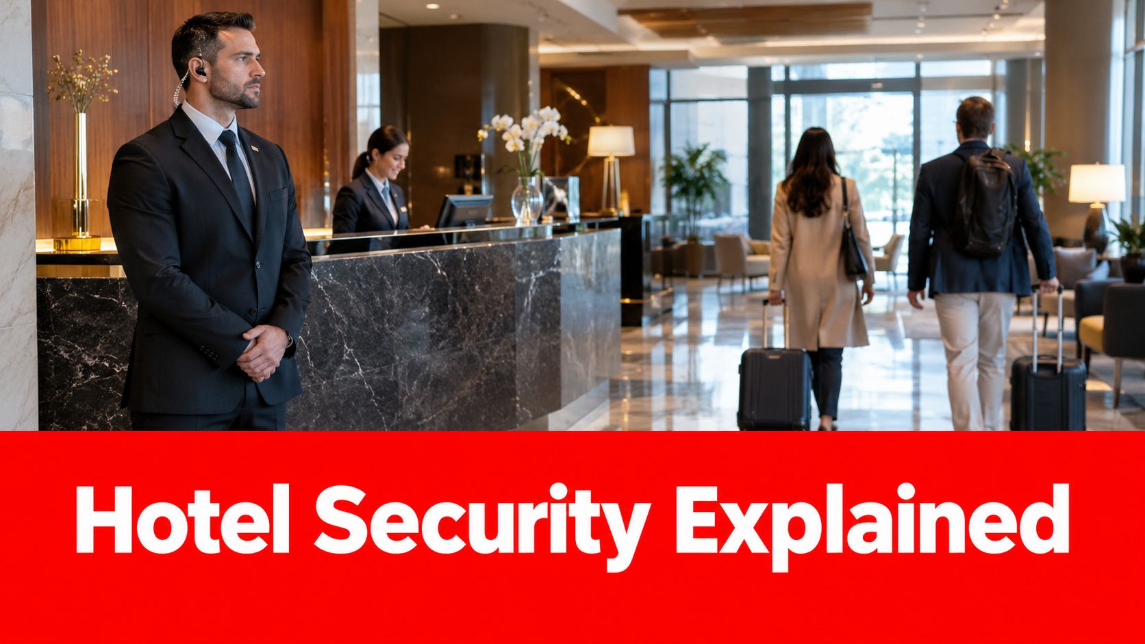 Do Hotels Have Security Guards 7 Positive Facts to Know 1 A professional security guard stands at a luxury hotel reception desk while guests walk by with luggage.