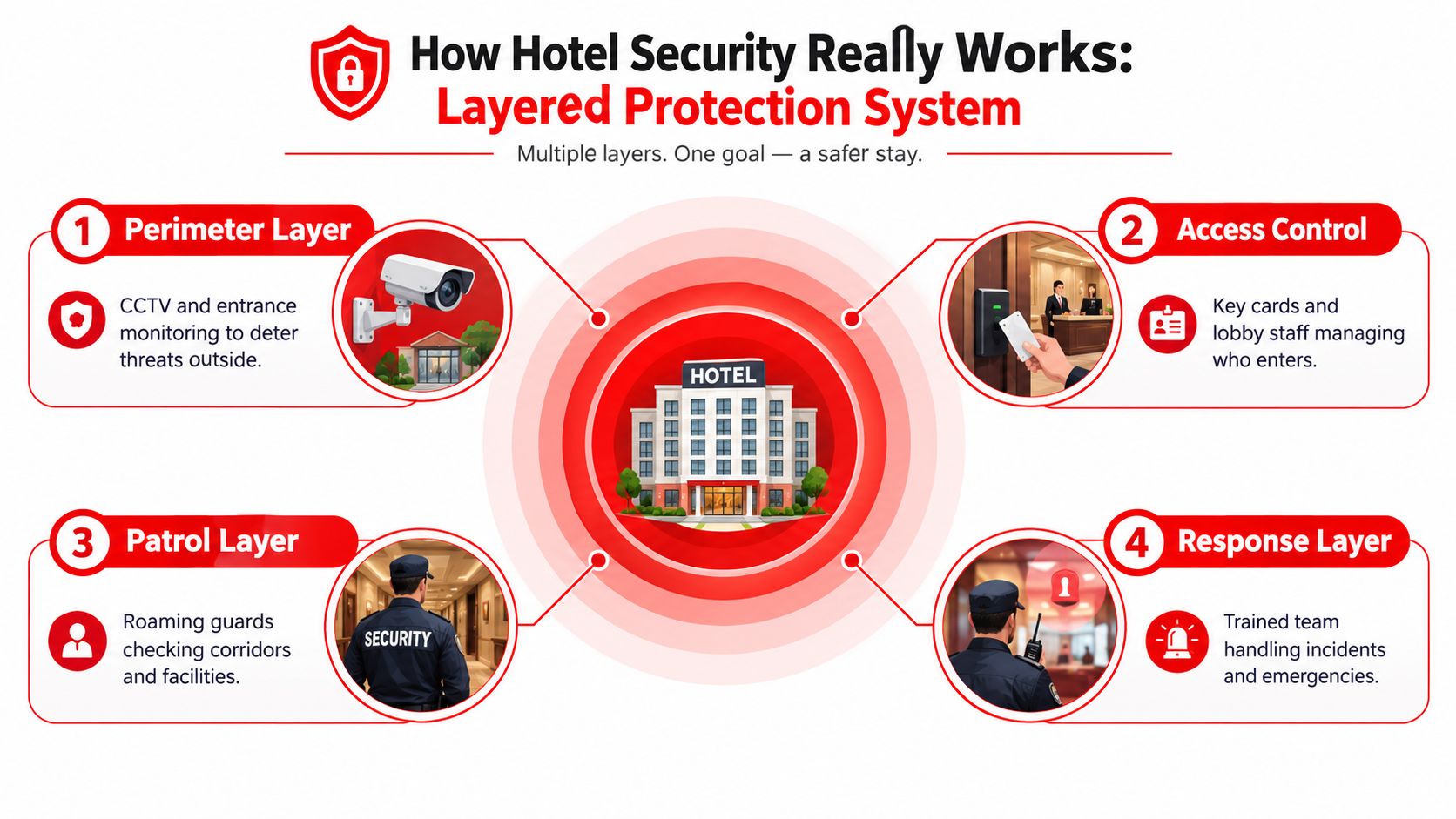 Do Hotels Have Security Guards 7 Positive Facts to Know 2 A diagram illustrating a four-layer hotel security system including perimeter monitoring, access control, patrols, and emergency response.