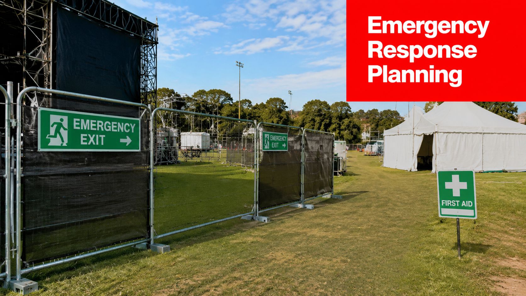 Emergency Response Planning: 7 Proven Steps for Safer Events 1 An outdoor event site with emergency exit and first aid signs placed near a festival tent.