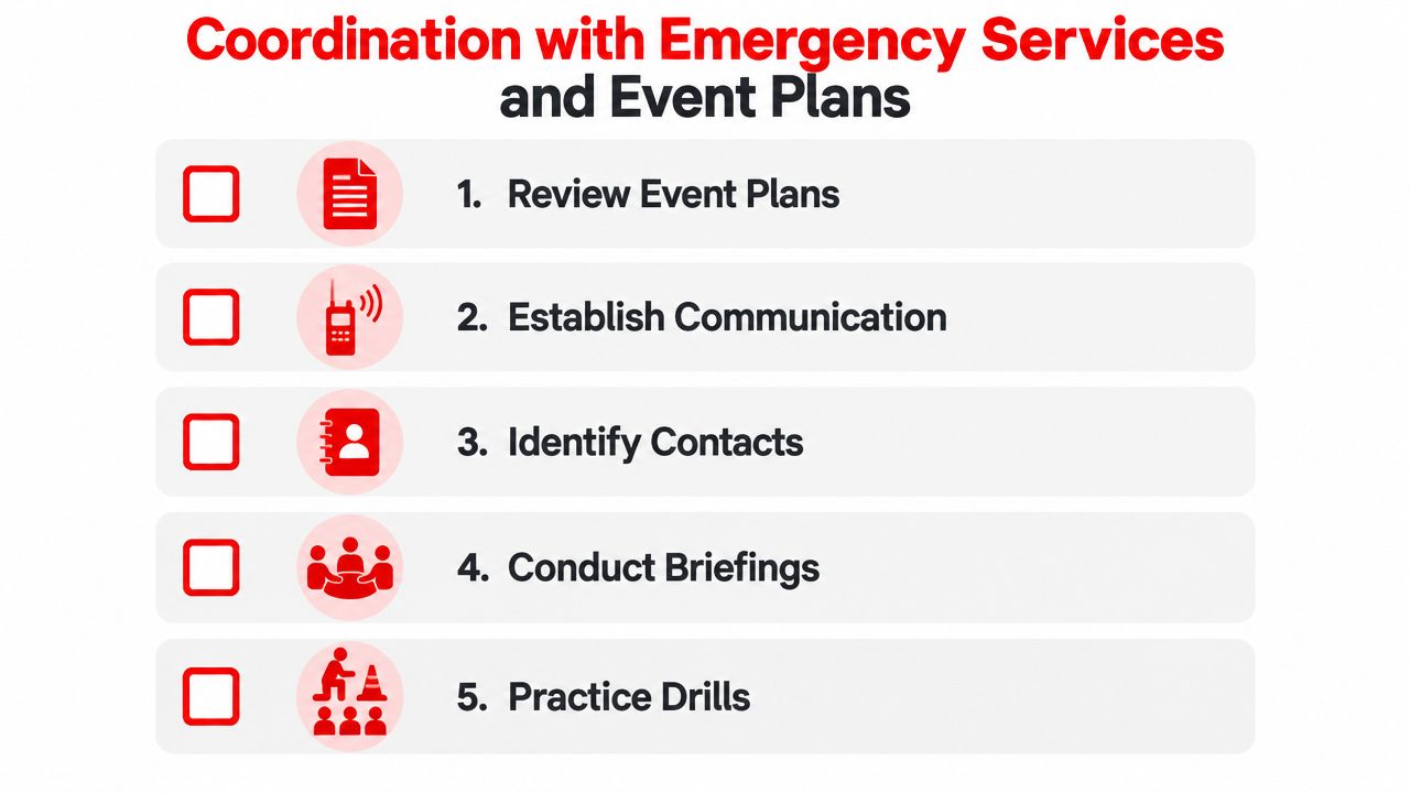 Emergency Response Procedures for Security Officers: 2026 3 A checklist for coordination with emergency services and event plans featuring five essential steps for security preparation.