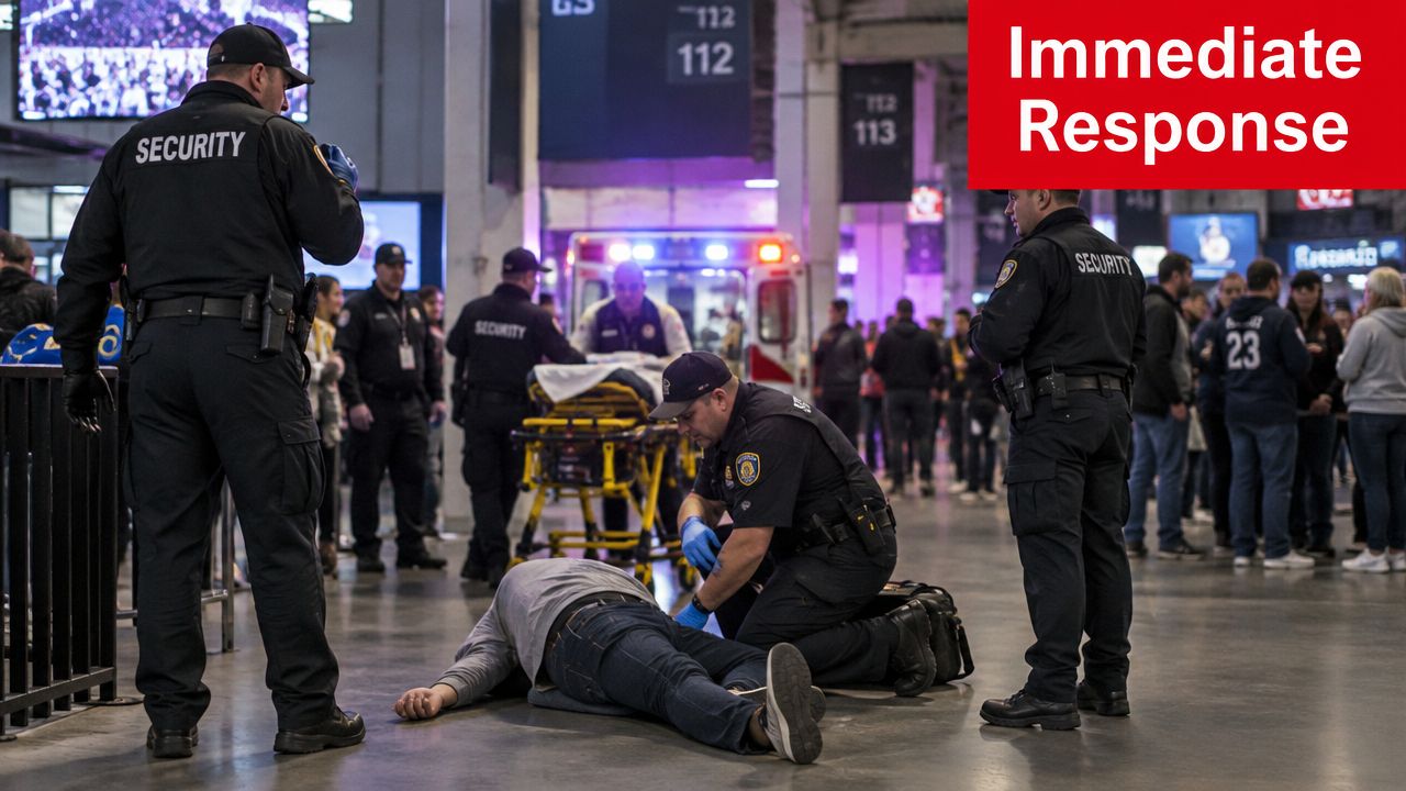 Emergency Response Procedures for Security Officers: 2026 1 Security officers and a medic assist an injured person lying on the floor in a public space.