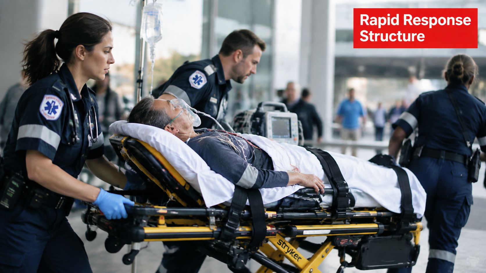 7 Essential Emergency Response Team Structure Models 1 Emergency medical team transporting an elderly patient on a stretcher to a hospital for urgent care treatment.