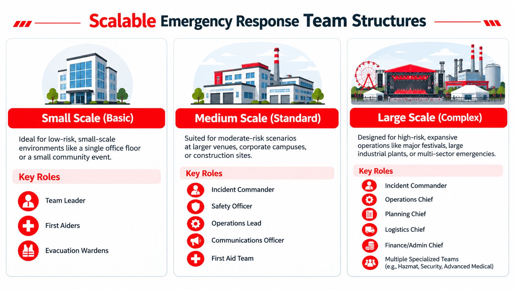 7 Essential Emergency Response Team Structure Models 4 A chart illustrating scalable emergency response team structures for small, medium, and large-scale environments.