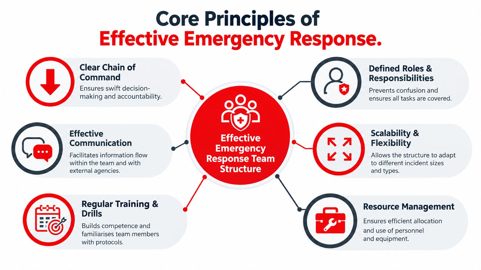 7 Essential Emergency Response Team Structure Models 2 A diagram illustrating the core principles of an effective emergency response team structure with six key components.