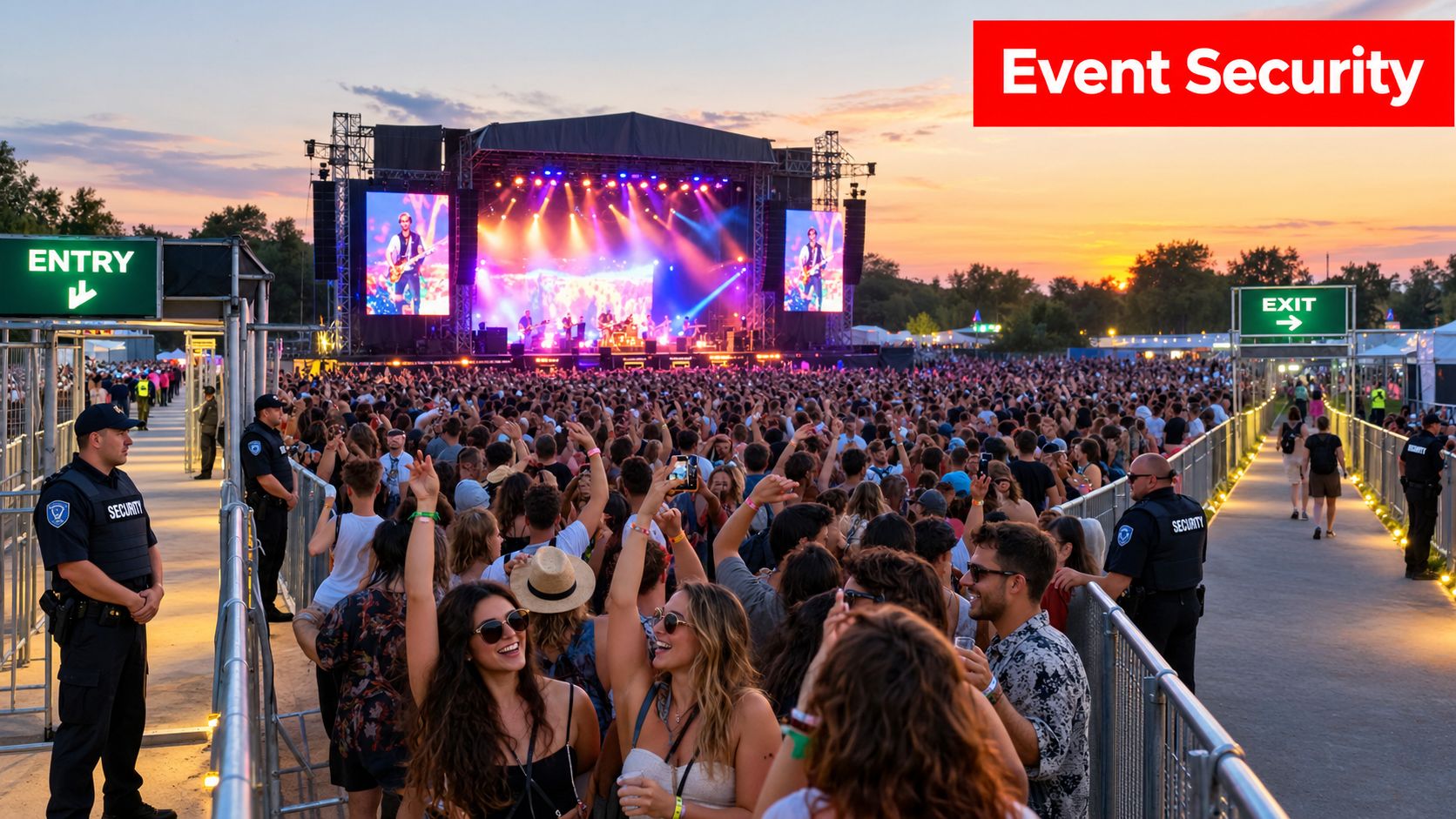 Event Security Management 7 Proven Steps for Safer Events 1 Crowd at a music festival concert during sunset with security personnel monitoring the venue entrances and exits.