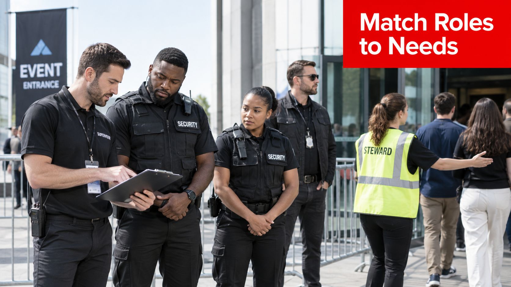 7 Event Staff and Security Tips for Safe Venues 2 A team of security personnel and a steward working together at an event entrance in daylight.