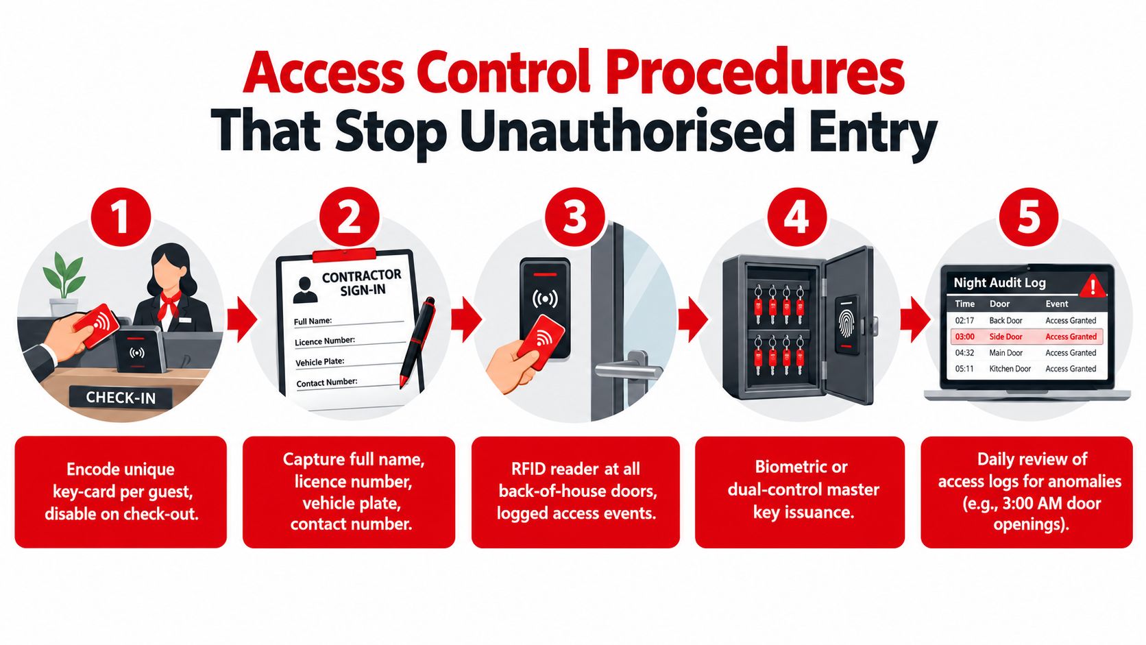 A five-step infographic illustrating hotel security procedures for monitoring guest and staff access to restricted areas.