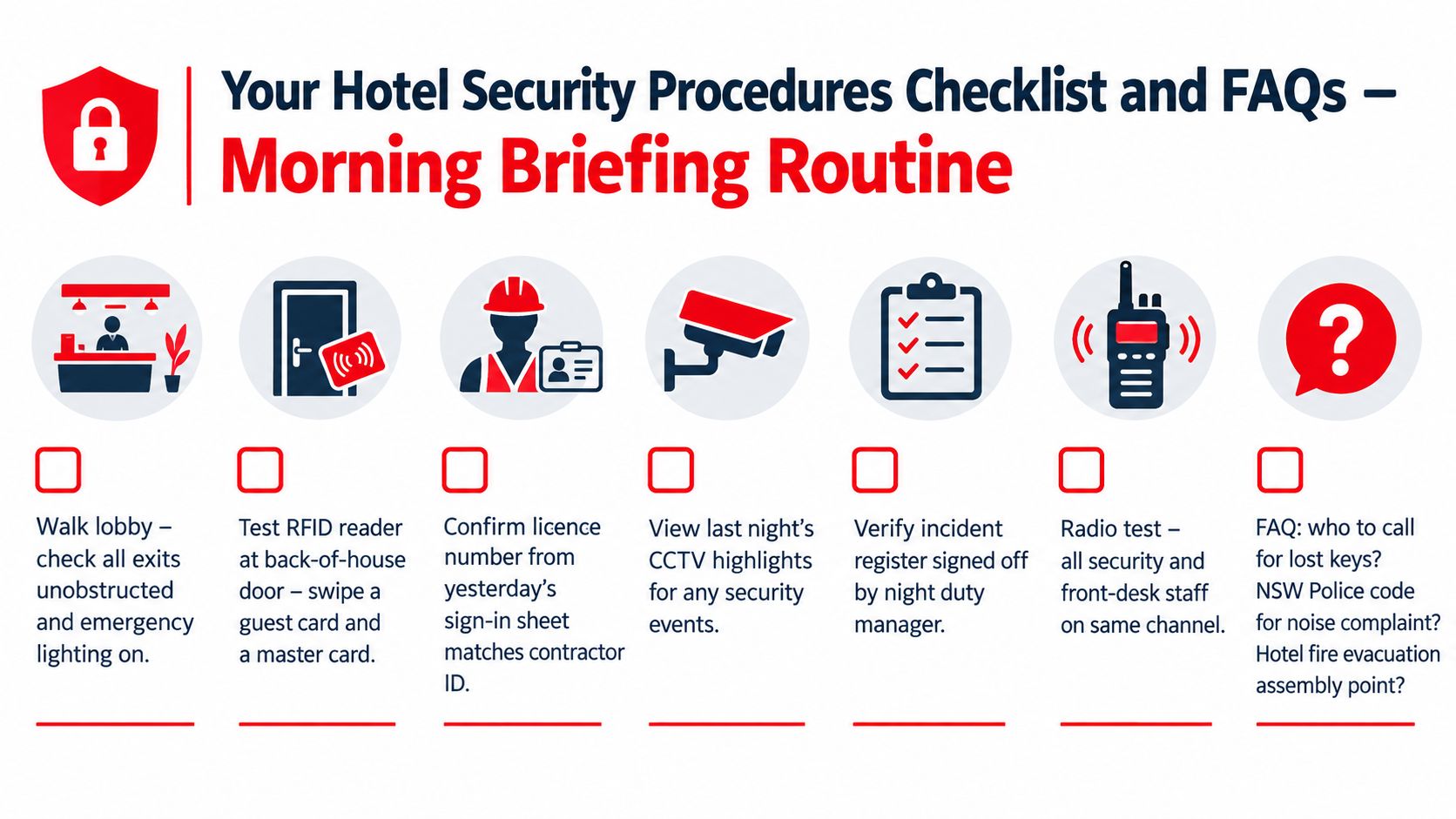 A visual checklist and FAQ guide for hotel security staff routines during morning shift briefings.