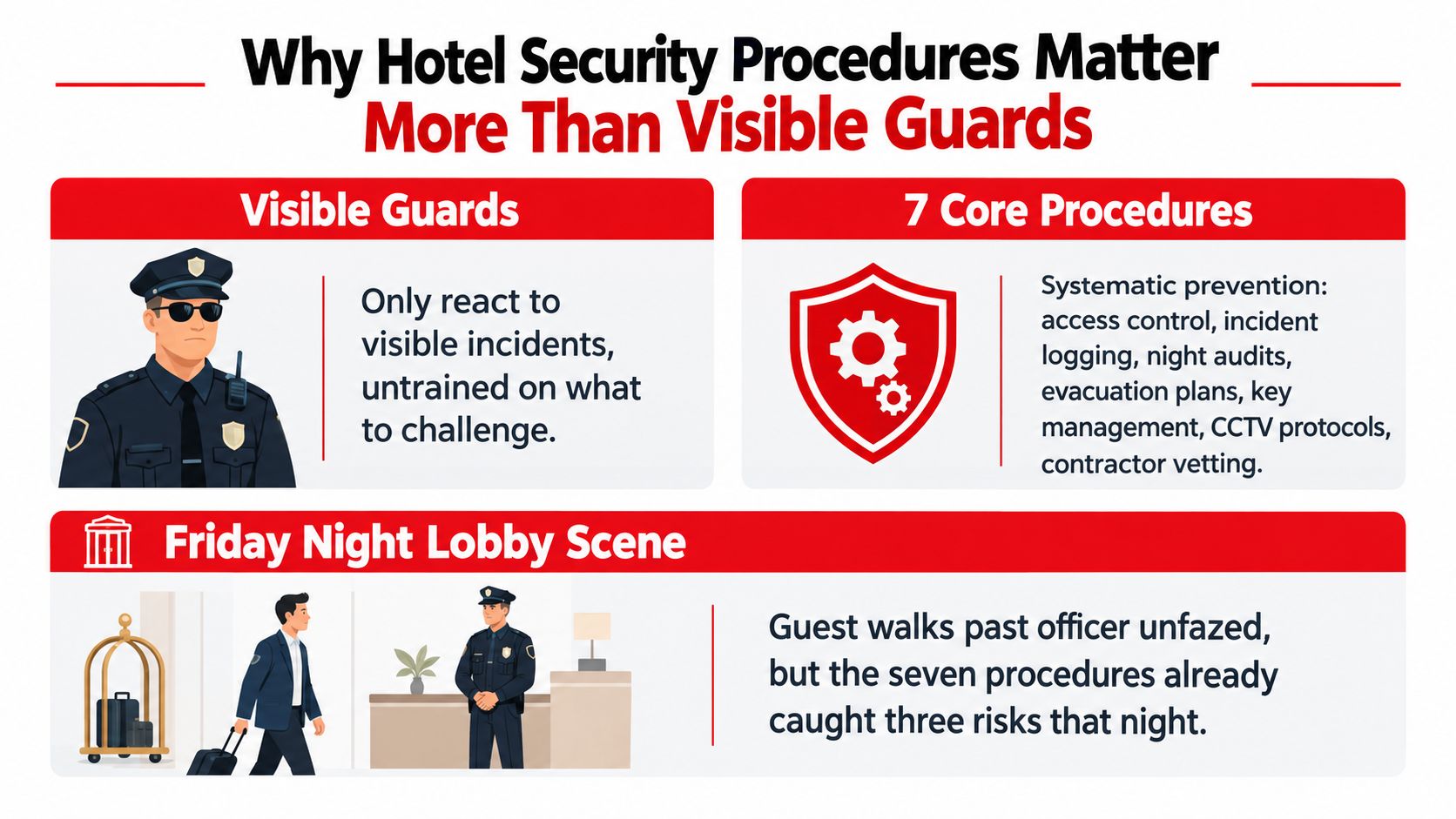 An infographic comparing visible hotel security guards to effective systematic core security procedures for hotel safety.