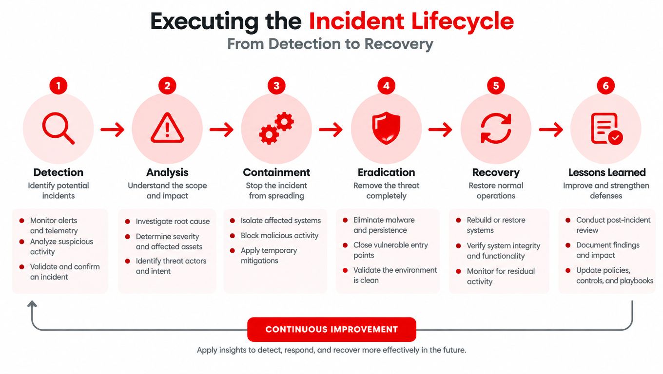 5 Proven Incident Response Capability Steps 2 A diagram illustrating the six-step incident lifecycle process for cybersecurity from detection through to lessons learned.