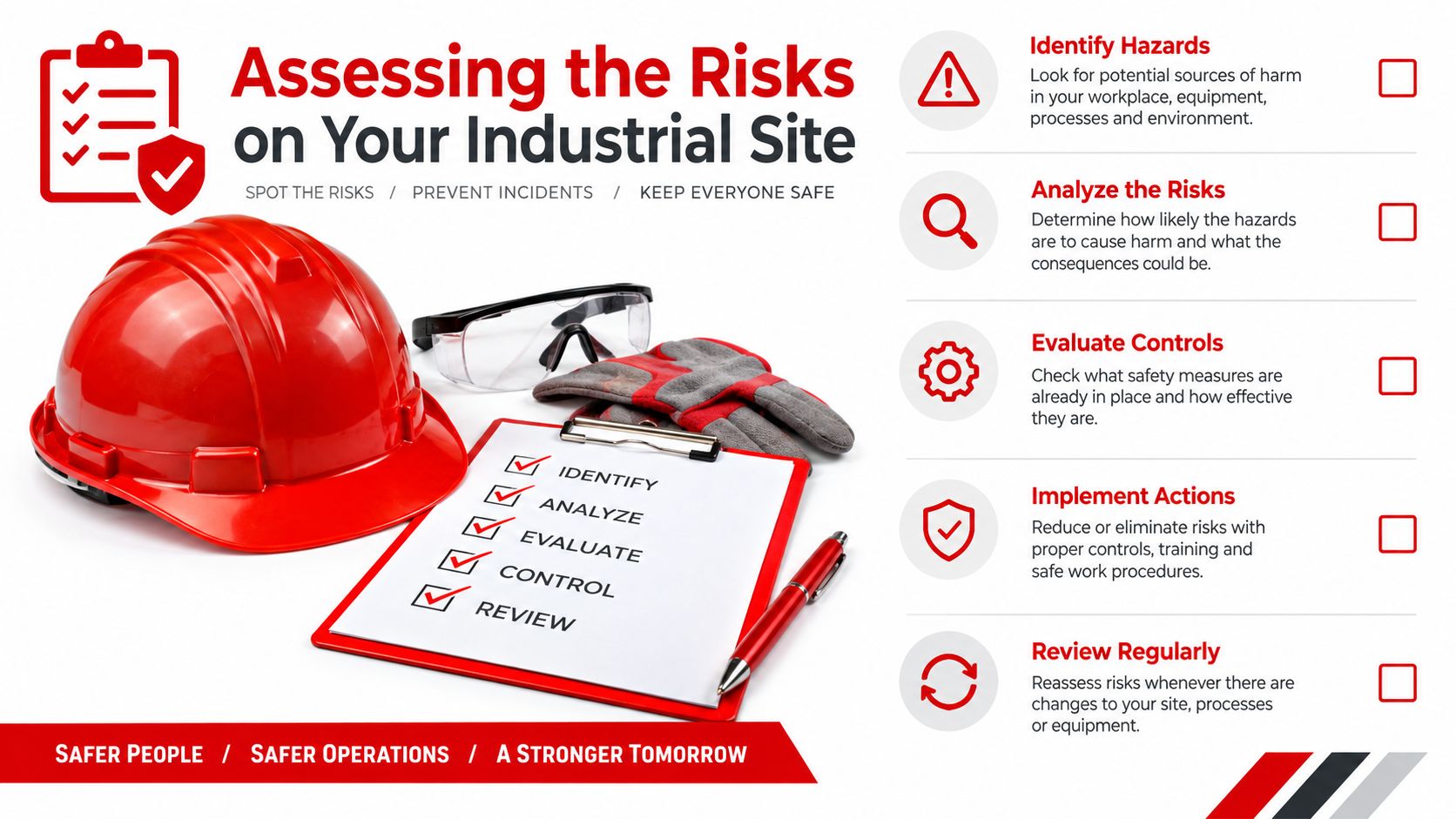 Industrial Site Security: 7 Practical Controls That Work 1 A safety-themed infographic displaying industrial risk assessment steps including protective equipment like a hard hat and goggles.